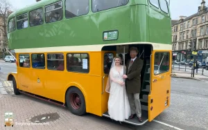 Daimler Alexander Glasgow Corporation Double Decker Bus Weddings Botanic Gardens Bride and Groom