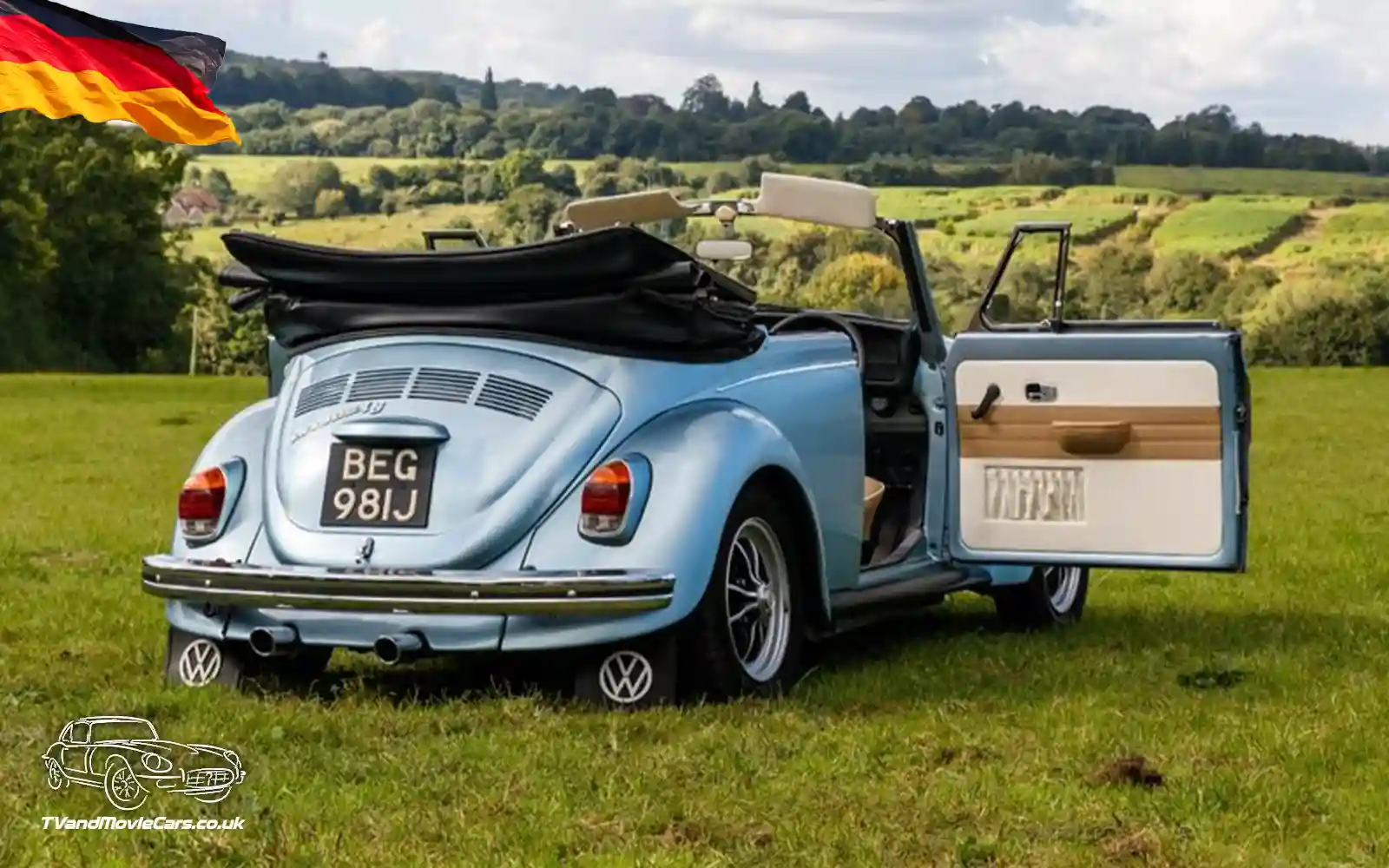 TV Film Movie Action Vehicles Scotland UK Electric Car VW Beetle Convertible 1972 Rear OS open door